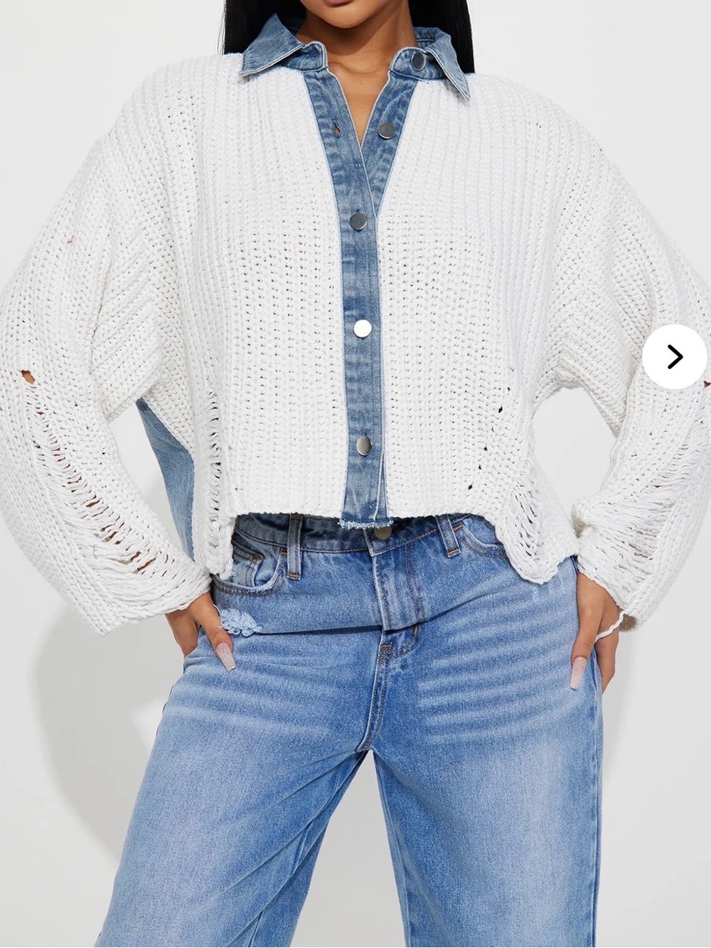 Fashion Nova White Knit & Blue Denim Layered Shacket - Picture 2 of 3